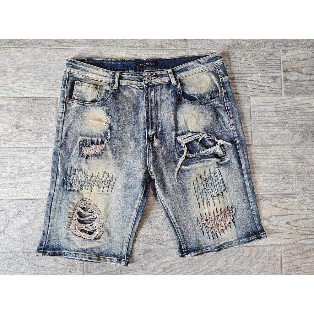 Men's M. Society Politically Incorrect Distressed Blue Denim Jeans Shorts Sz 38